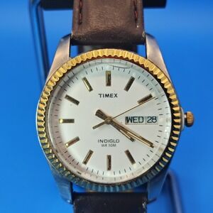 Vintage 1986 Timex Indiglo Presidential Day/Date Two Tone 33mm Mens Quartz Watch